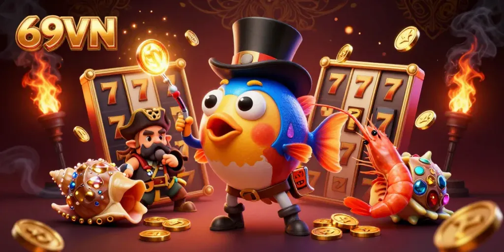 Join the excitement at 69VN with a colorful 3D illustration of slots and winnings, bringing the thrill of gaming to life.