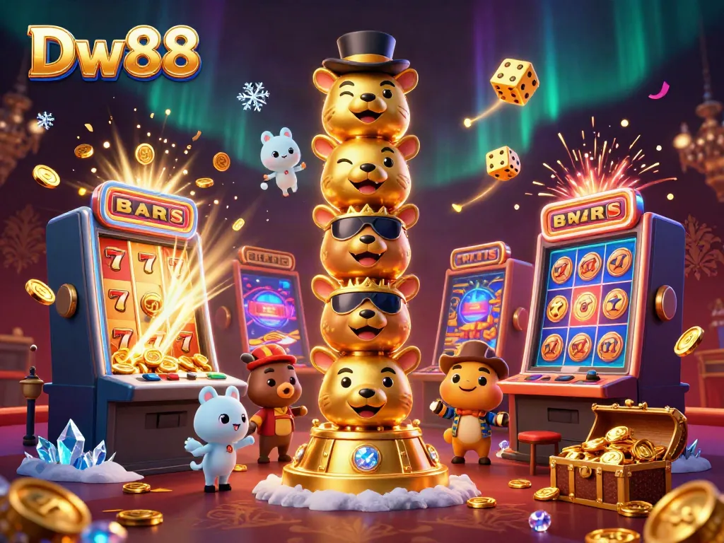 Spin and win with Dw88 in this vibrant, colorful online casino illustration featuring golden jackpots and dynamic game elements.