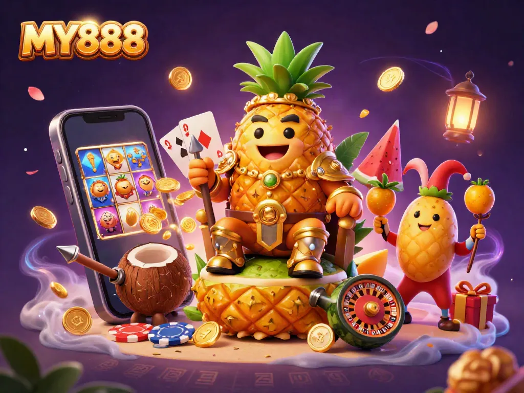 MY888 showcases a vibrant casino scene with a golden pineapple king and dynamic game elements.