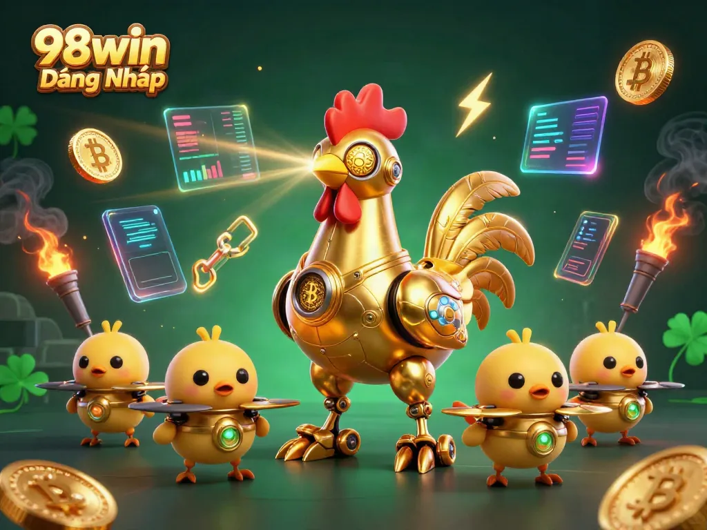 Engage in gaming with 98win Đăng Nhập featuring a futuristic robot and crypto elements.