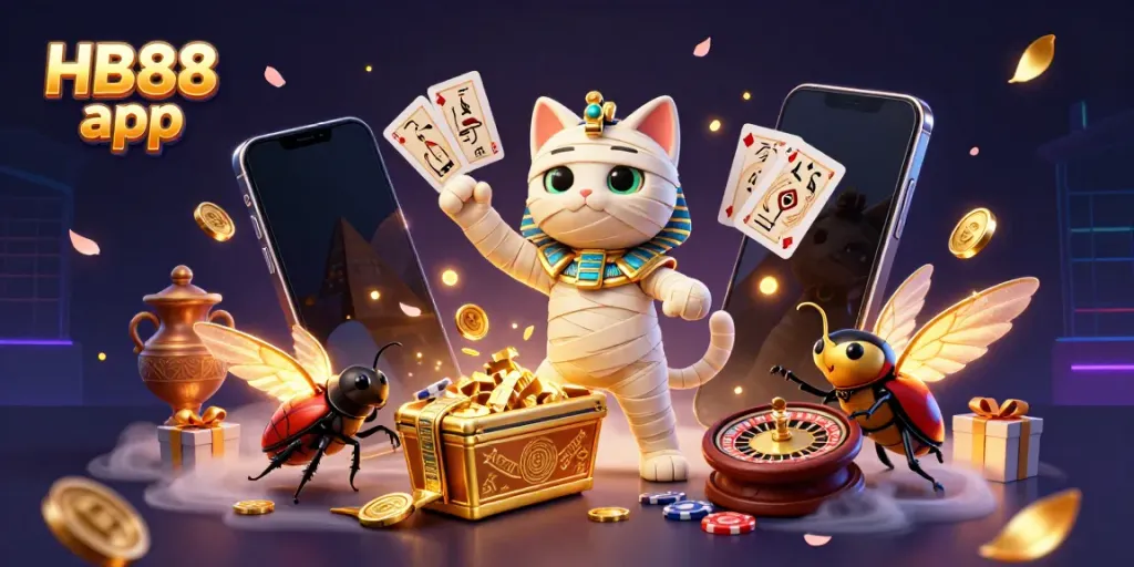 Experience the thrill of the HB88 app with an exciting scene featuring a cartoon Egyptian mummy cat and a scarab beetle in a vibrant casino.