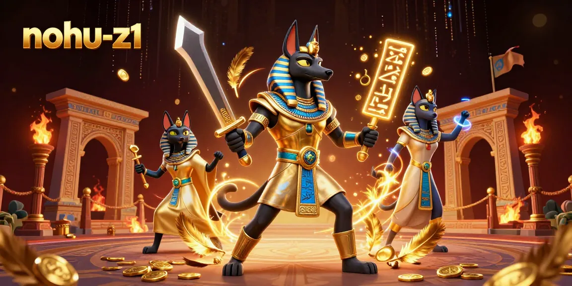 Experience nohu-z1 in a vibrant 3D casino scene featuring Anubis and Bastet.